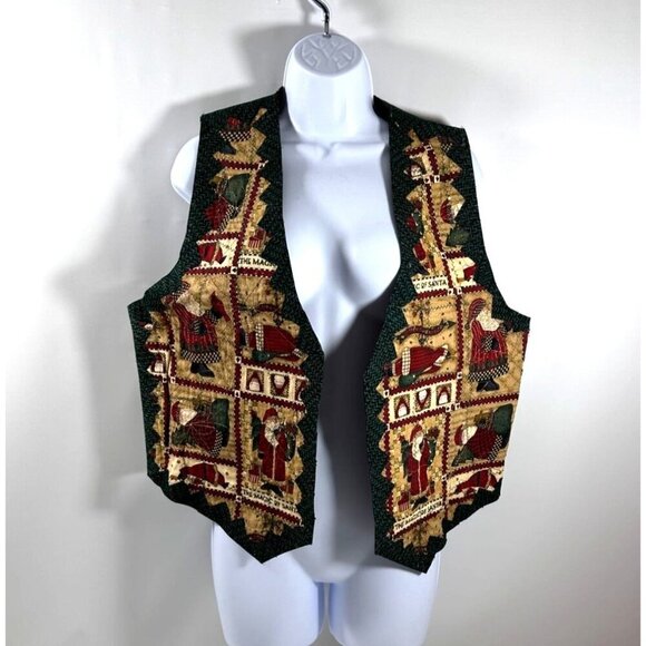 Handmade Reversible Women's Ugly Christmas Vest Folk Santa/Poinsettias Cotton XL - Picture 5 of 16